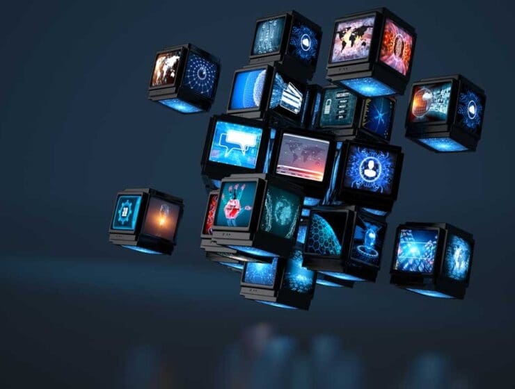 digital screens flying through space