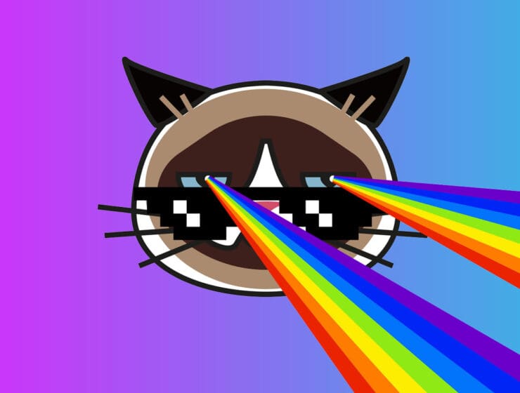 meme of cat with rainbow eyes