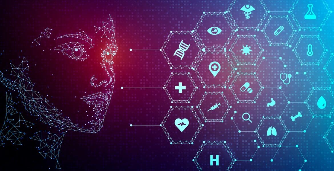 digital human profile graphic looking at digital icons