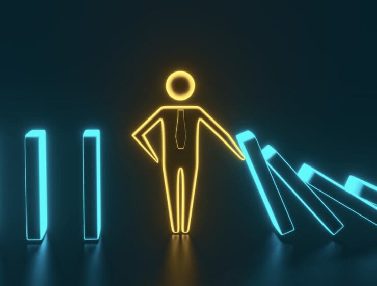 neon graphic of man in dominoes