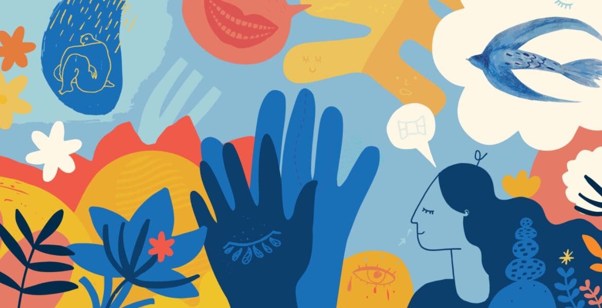 Illustrated collage of mindfulness and wellness images