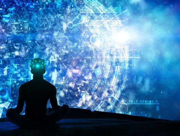 Concept image of a person meditating within a field of virtual data.