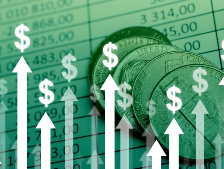 Dollar currency growth concept with upward arrows on charts and coins background
