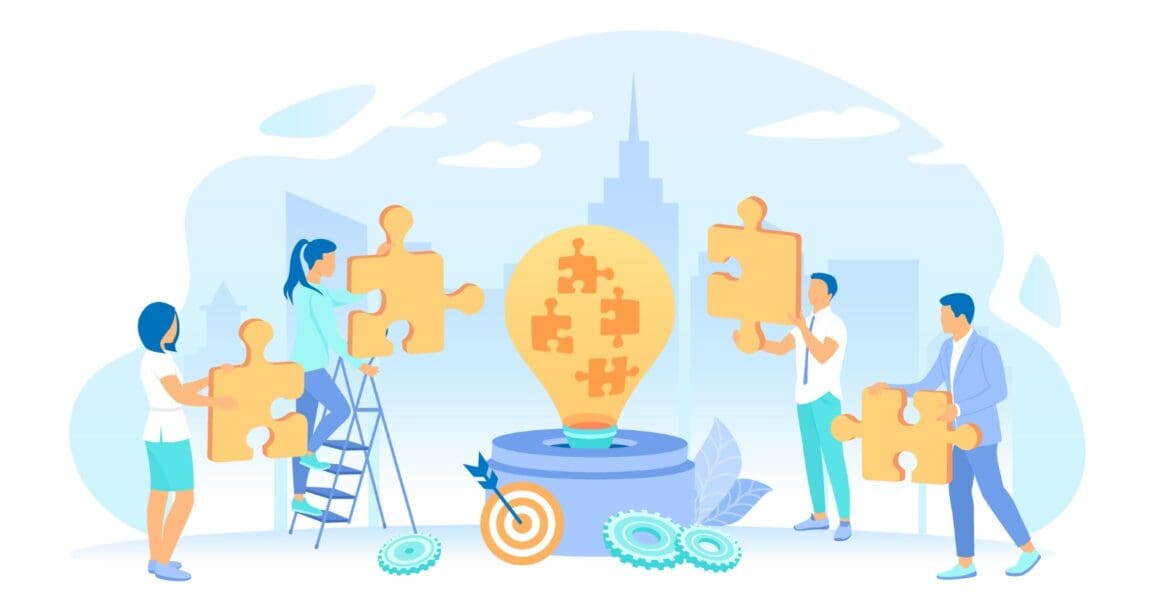 Illustration: People put puzzles into a big light bulb.