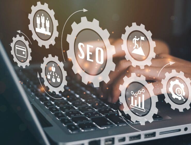 Businessmen using a computer to SEO search engine optimization banner web icon for business and marketing, traffic, ranking, optimization, link and keyword. stock photo