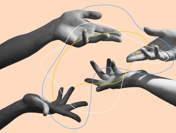 Concept of human relation, community, togetherness, symbolism, surrealism. stock photo