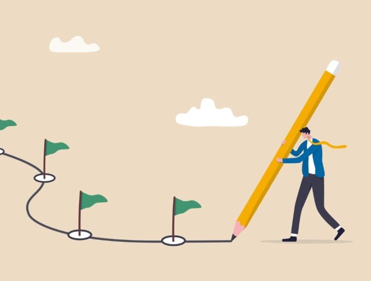 Workflow or working process, project progress, milestone or achievement tracking, work experience or journey concept, businessman using pencil to draw workflow line with achievement flag milestones. stock illustration